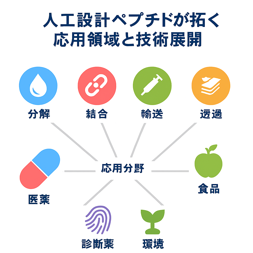人工ペプチド設計技術による応用分野と機能展開を示す図。分解・結合・輸送・透過機能を中心に、食品・医薬・環境・診断薬への技術応用を視覚化。