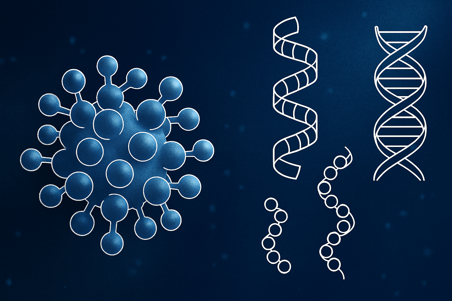 人工ペプチド設計技術の背景を象徴する、ウイルスと分子構造の科学的イメージ