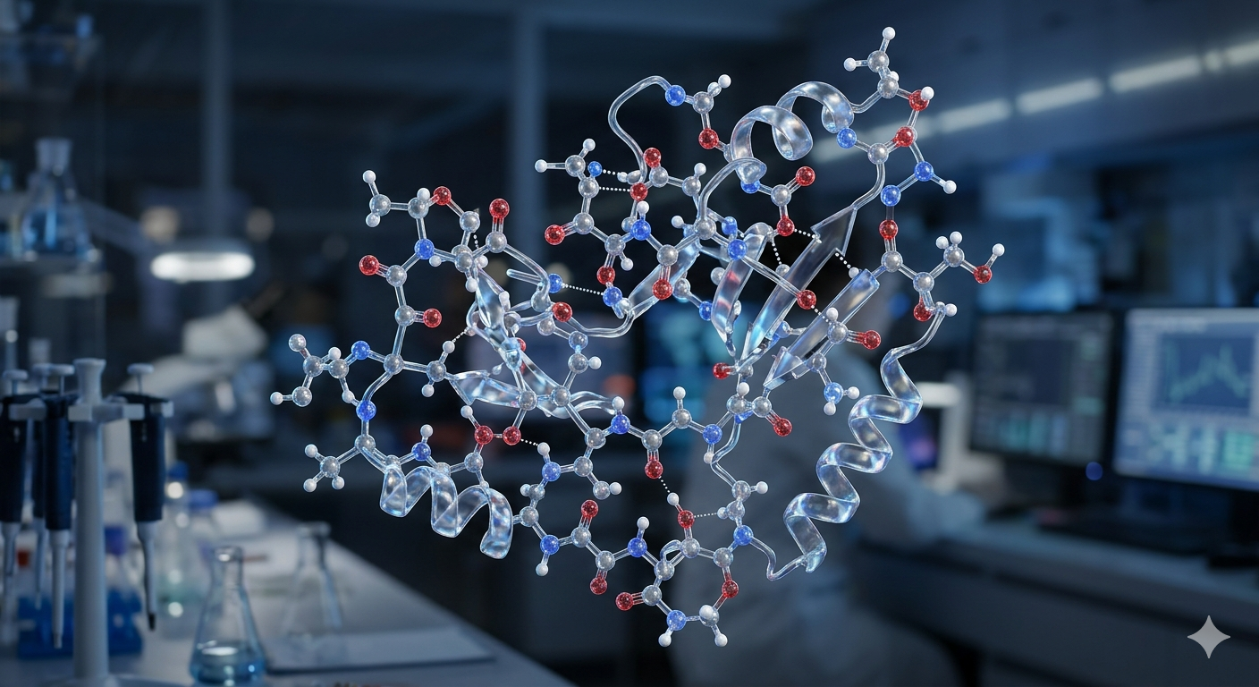 次世代ペプチド設計を象徴する洗練された3D分子モデルのレンダリング画像
