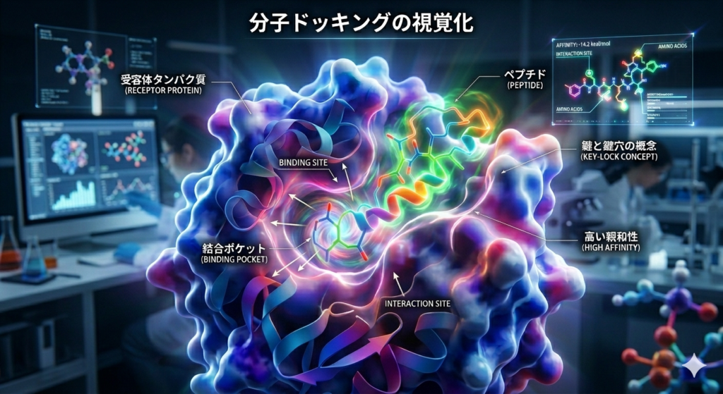 特定の受容体ポケットに精密にフィットする人工ペプチドの分子ドッキングイメージ