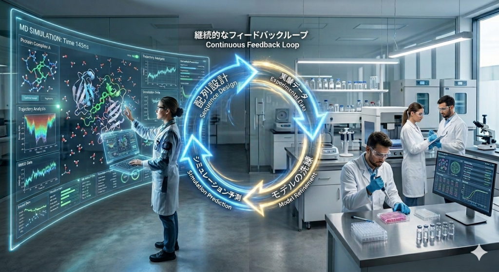 計算科学による設計（ドライ）と実験検証（ウェット）を融合させた人工ペプチド設計の研究開発サイクルの図解
